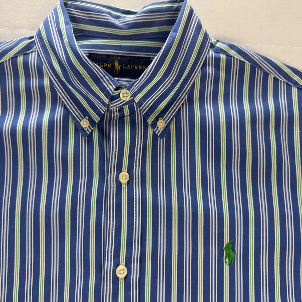 Ralph Lauren Mens Medium Blue Green Striped Button Down Shirt Long Sleeve Cotton